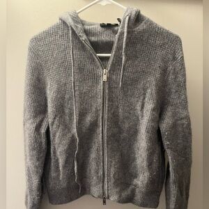 THEORY Cashmere Waffle Knit Hoodie in Heather Grey Womens Small